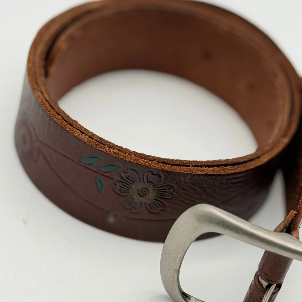 Brown Leather Floral Embossed Belt Silver Tone Buckle Western Boho Hand Painted